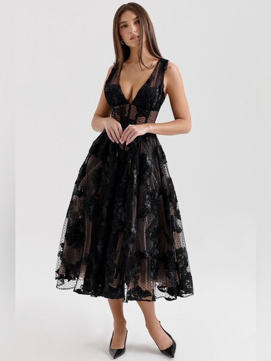 House of CB Dresses & Skirts - House Of CB Sianna Embroidered Tulle Corset Midi Dress